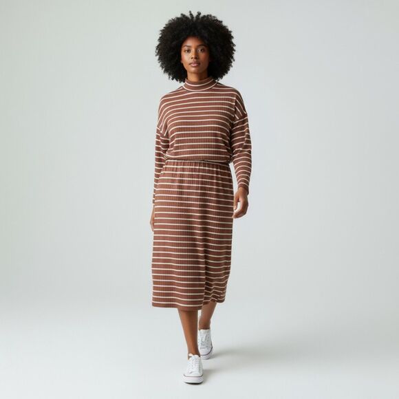 OLD NAVY Long-Sleeve Waist-Defined Rib-Knit Striped Midi Sweater Dress, Size 2X - Picture 1 of 9